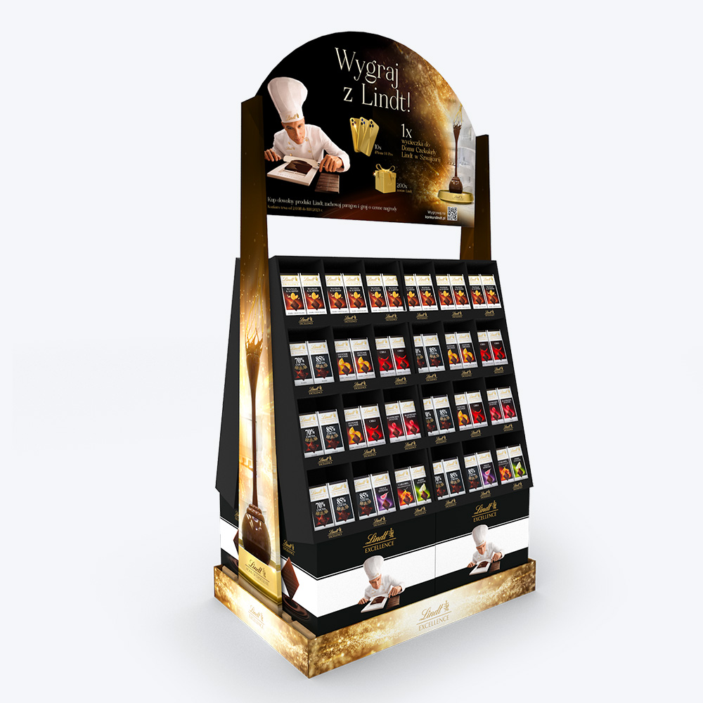 Stand Lindt z łukowym topperem Stand POS Lindt – czarno-złota konstrukcja ekspozycyjn
