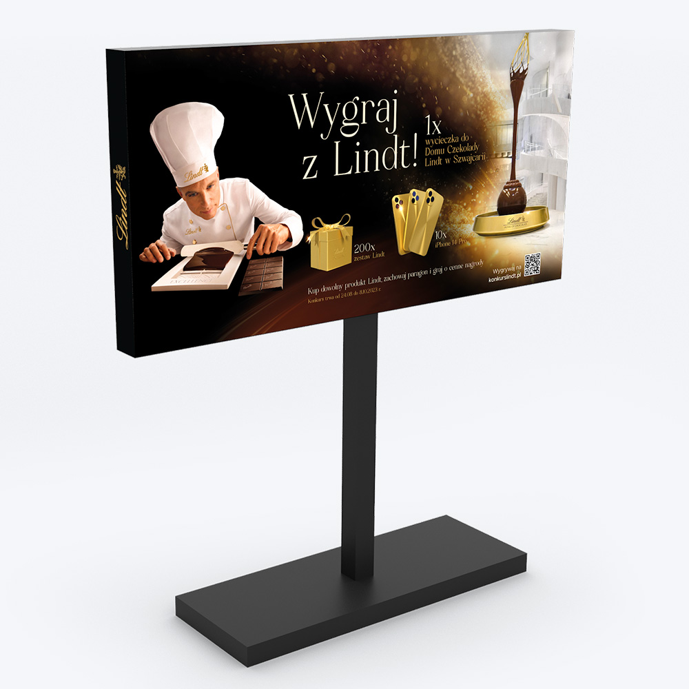 Banner reklamowy Lindt POS Banner POS Lindt – konstrukcja reklamowa z hasłem „Wygraj z Lindt”