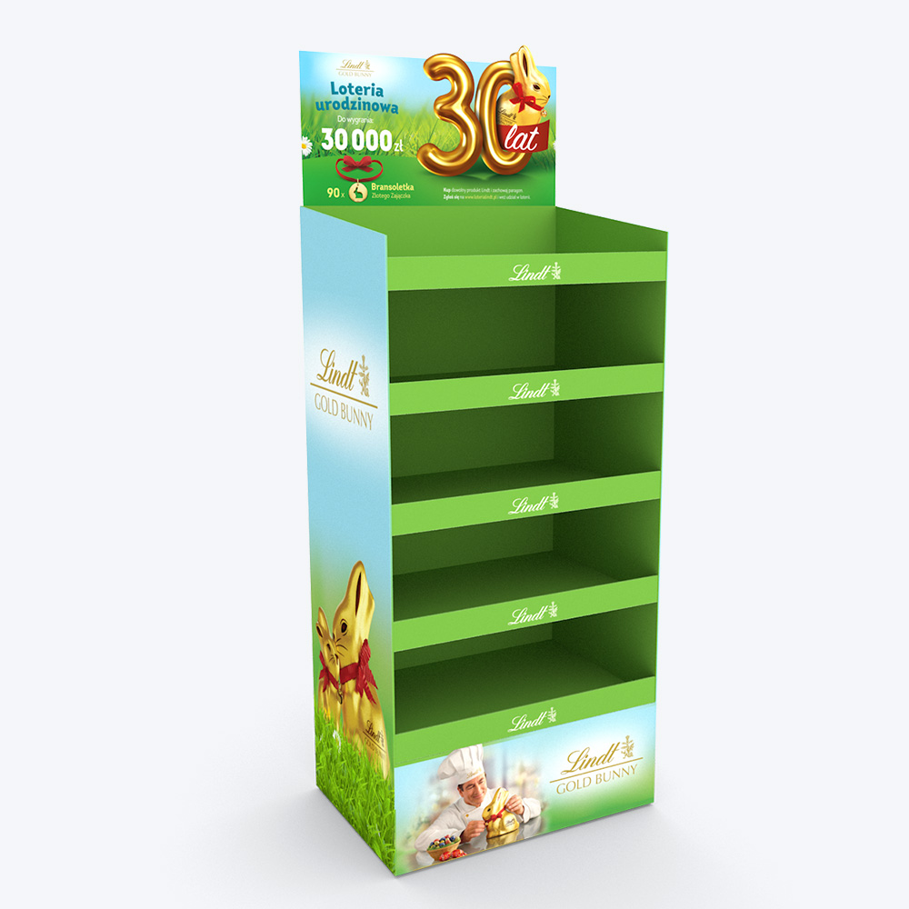 Stand ekspozycyjny Lindt – wersja retail Materiał POS Lindt – zielony stand ekspozycyjny z półkami