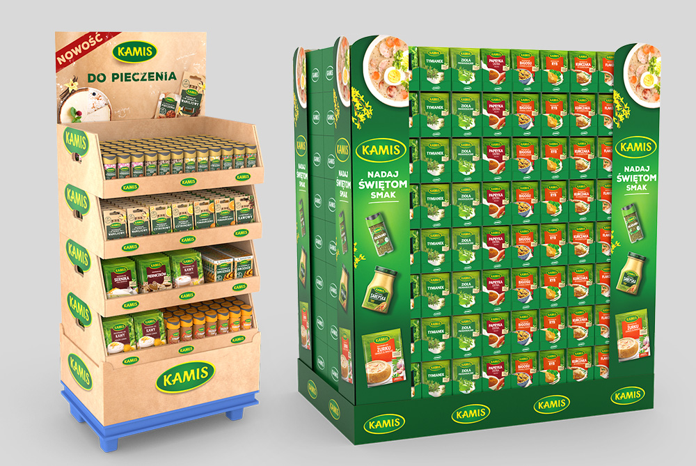 Stand ekspozycyjny Kamis z przyprawami, projekt konstrukcji POS przygotowany do druku i wizualizacji 3D.