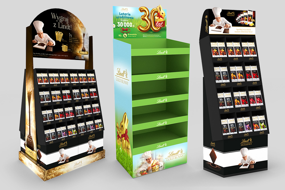 Trzy standy POS Lindt – dwa premium Excellence i jeden wielkanocny Gold Bunny