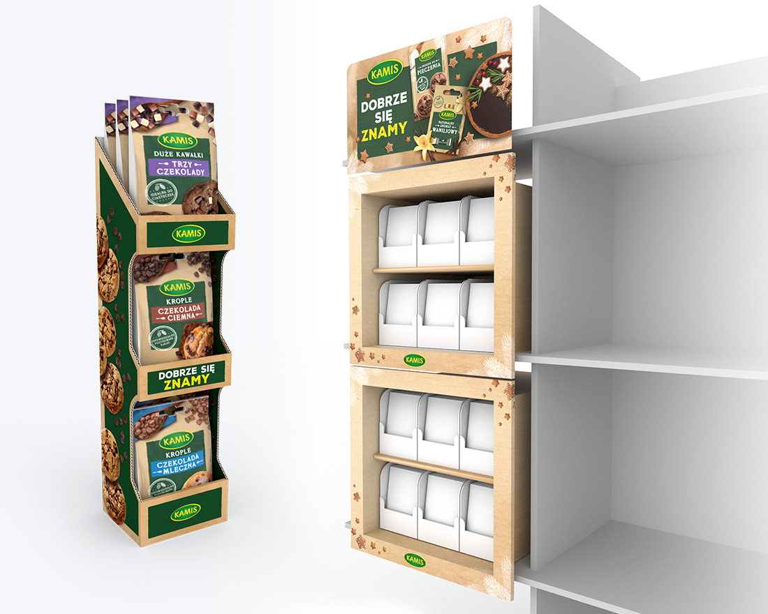 Stand Kamis w formie ekspozycji półkowej z modułowym systemem prezentacji przypraw Stand Kamis – konstrukcja półkowa POS