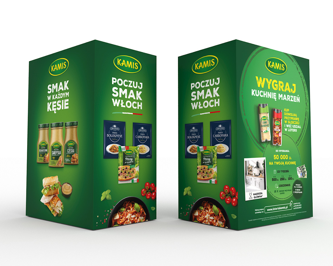 Display promocyjny Kamis – Smak Włoch Display promocyjny Kamis prezentujący kampanię „Poczuj smak Włoch” z realistyczną wizualizacją 3D.