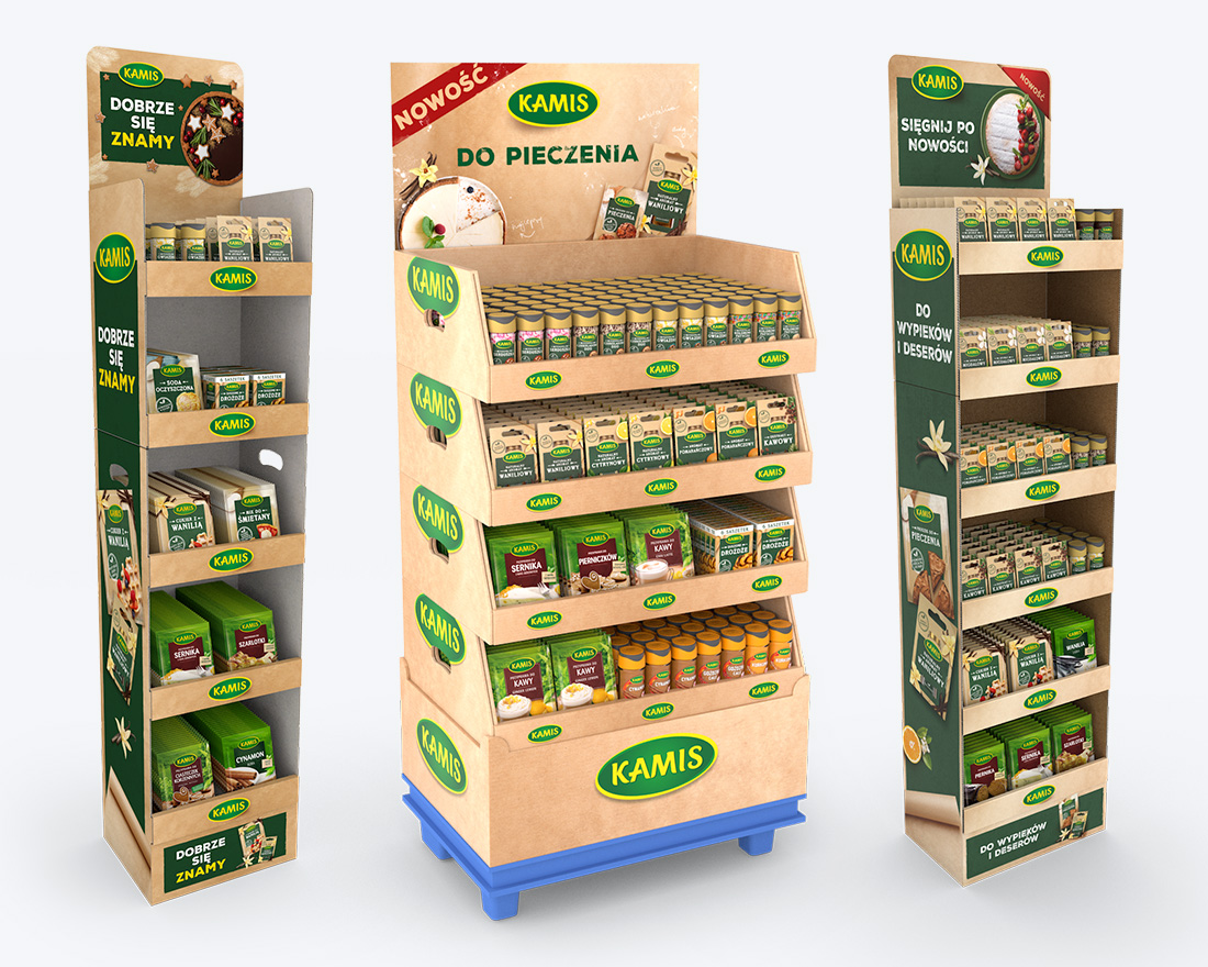 Standy i boksy Kamis – projekty konstrukcji POS Zestaw standów i boksów Kamis do ekspozycji przypraw w punktach sprzedaży.